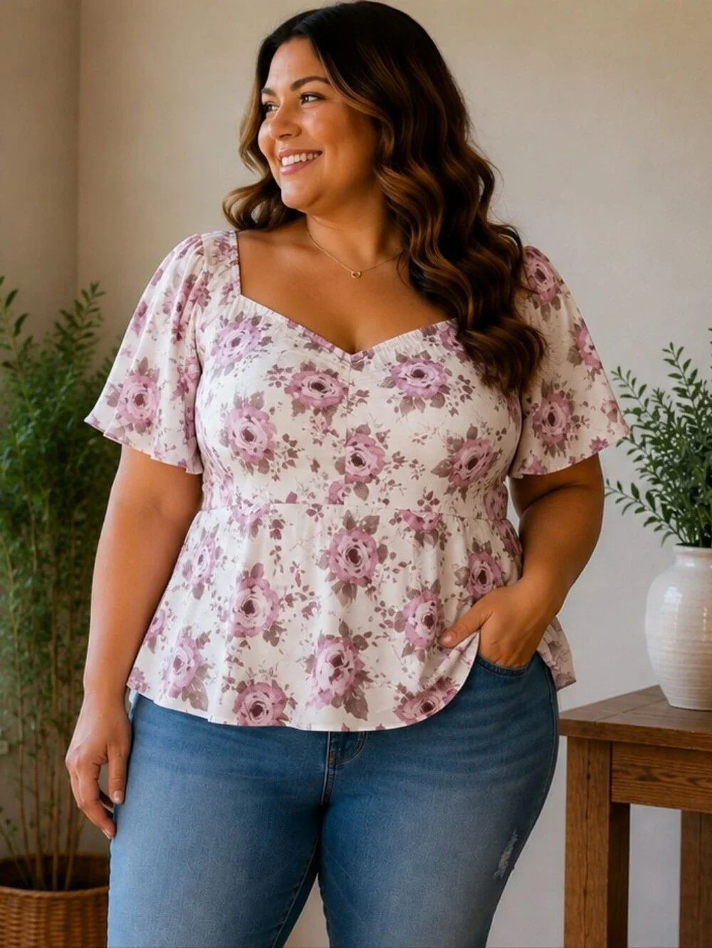 NWT BloomChic Pink Floral Puff Sleeve Peplum Blouse